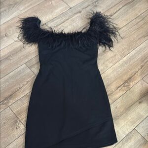 Bailey 44 Black Off-Shoulder Feather Mini Dress